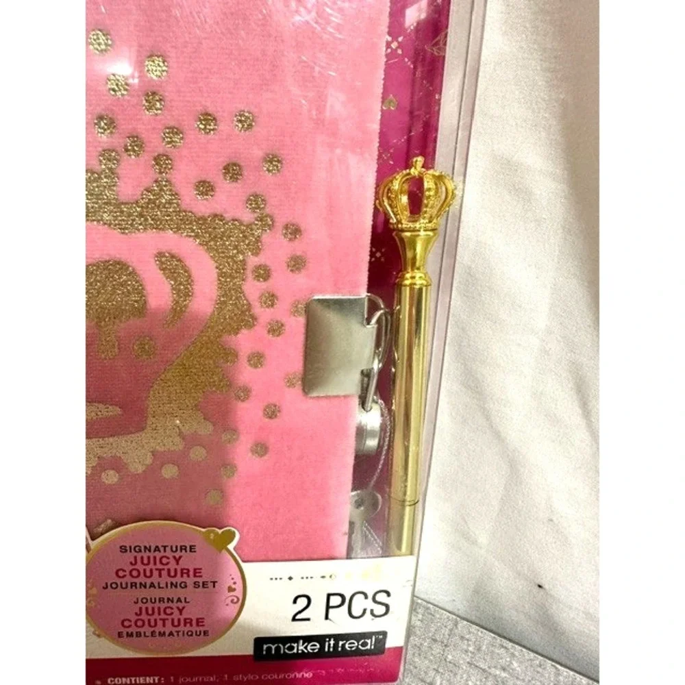 Juicy Couture Pink Velvet 2 Piece Locking Journal with Gold Crown Pen Set NEW